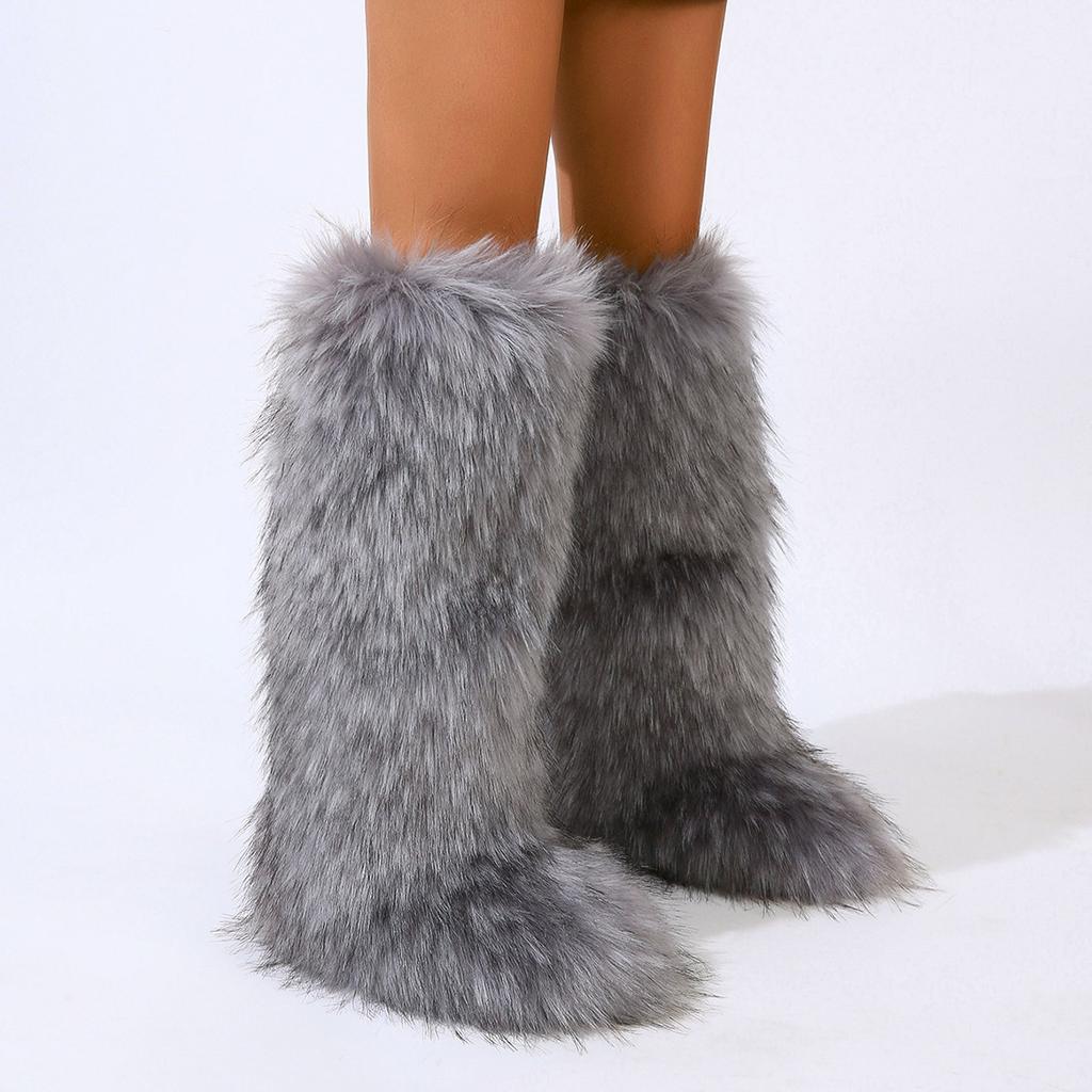Thigh High Fluffy Boots Ladies Women Winter Furry Faux Fox Fur Long Warm Shoes Girls New Designer Plush Knee High Fur Boots