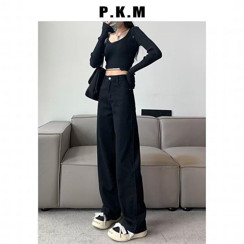 Damen Jeans mit hohem Bund und geradem Bein Lässige Weitbeinige Jeans Hose Casual Nicht-Stretch Lange Hose