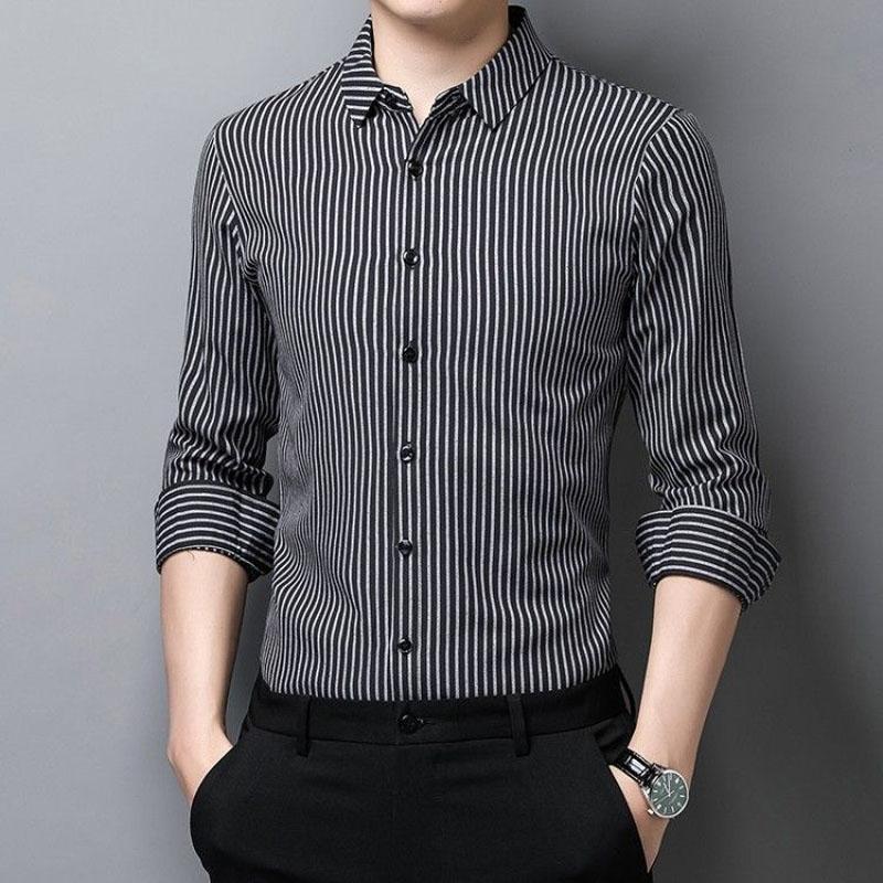 

Business Office Fashion Men s Striped Printed Button Shirt Classic Casual Slim Loog Sleeve Polo-Neck Summer Male Clothes 4XL серый