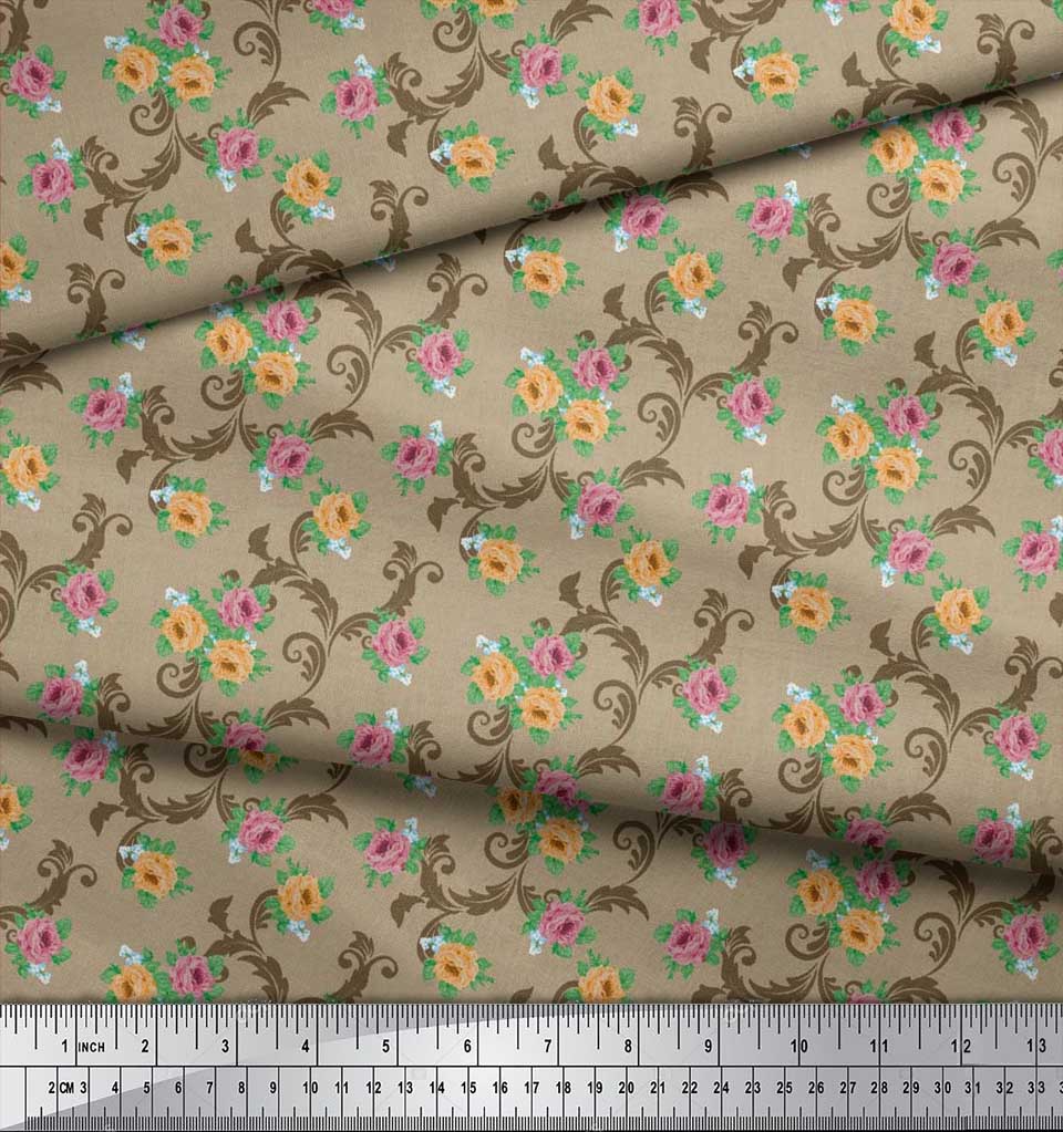 Soimoi Japan Crepe Satin Fabric Swirl,Leaves & Rose Floral Printed Fabric 1 Metre 42 Inch