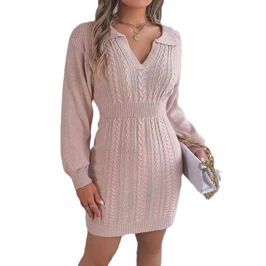 Damen Strickpullover Kleid V-Ausschnitt Laterne Langarm Twist Pullover Jumper Lässige Strickwaren Tops