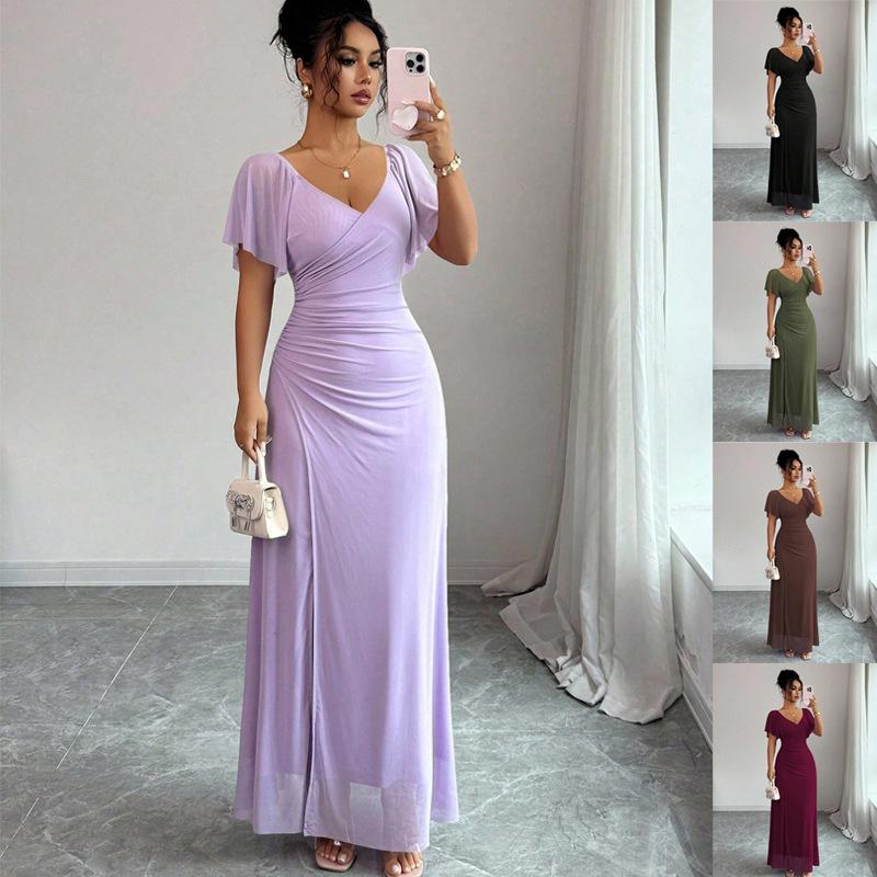 2026 Cross-border Europe, America, Amazon's New V-neck Cross-waist Fishtail Skirt, Flying Sleeve Pleated Temperament Hip Skirt