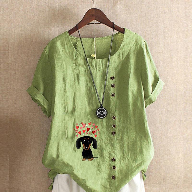 

Женская мода Love Dog Printed с круглым вырезом и коротким рукавом футболка повседневная хлопковая льняная рубашка с рисунком для отдыха свободная летняя блузка топы 5XL зелёный