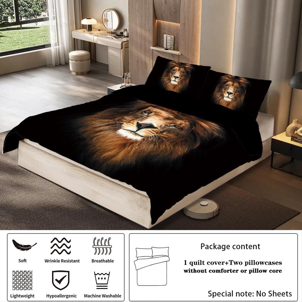 3-piece Set, Lion Pattern Printed Bedding Set, Queen, King, Double Bed, Adults Bedroom, Guestroom, Hotel, Soft and Comfortable
