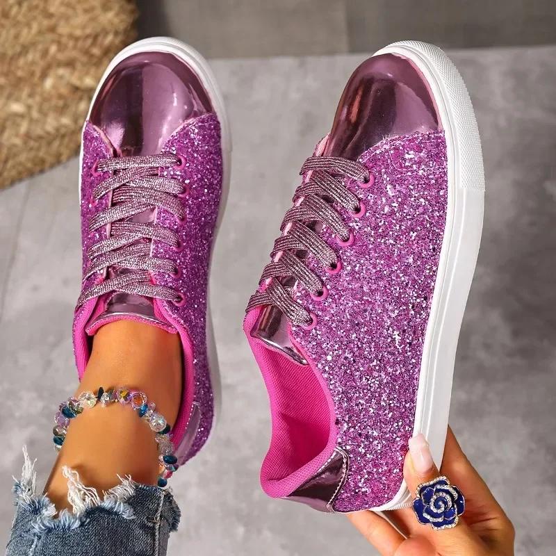 Fashion Women's Casual Sneakers Soft Sole Versatile New Round Toe Lace-Up Front Sequin Non-Slip Flat Single Shoes