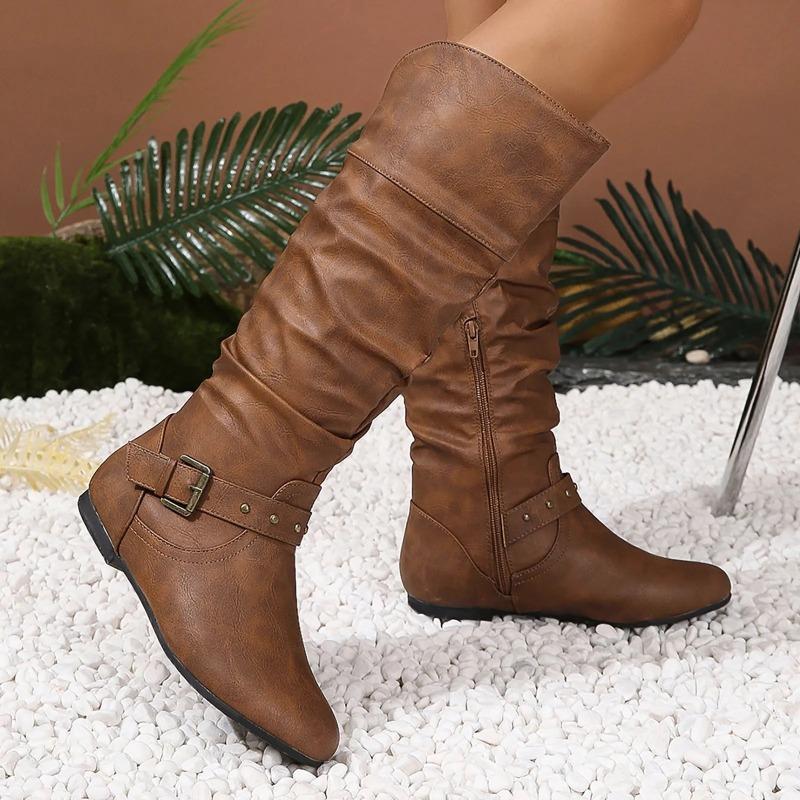 Leather Boots Women Western Mid Calf Retro Knee High Long Elegant Boots Thigh Booties Winter Heeled Knee Party Shoes