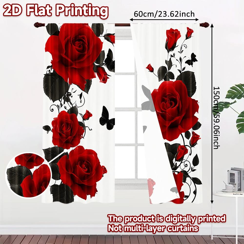 Flat Printing Curtain Red Roses Butterflies Digital Printed Polyester Drapes Family Party Perfect Door Wall Set Of 2 Made Washable