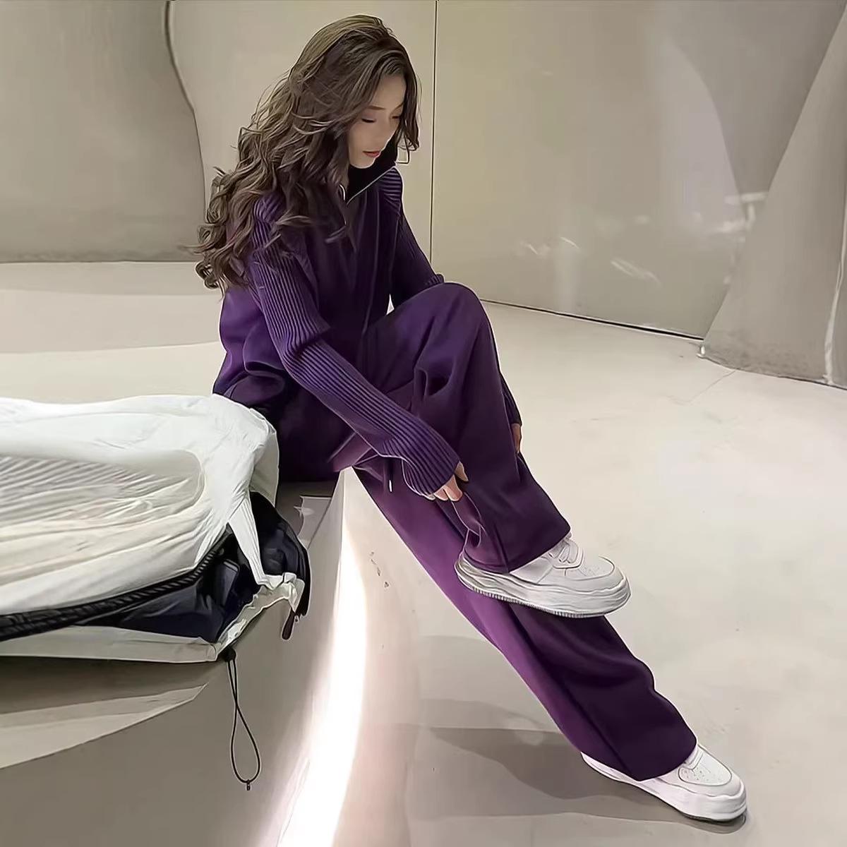 

Women s Purple Knitted Sweater and Pants Set: Chic Korean-Style Winter Casual Sportswear XL