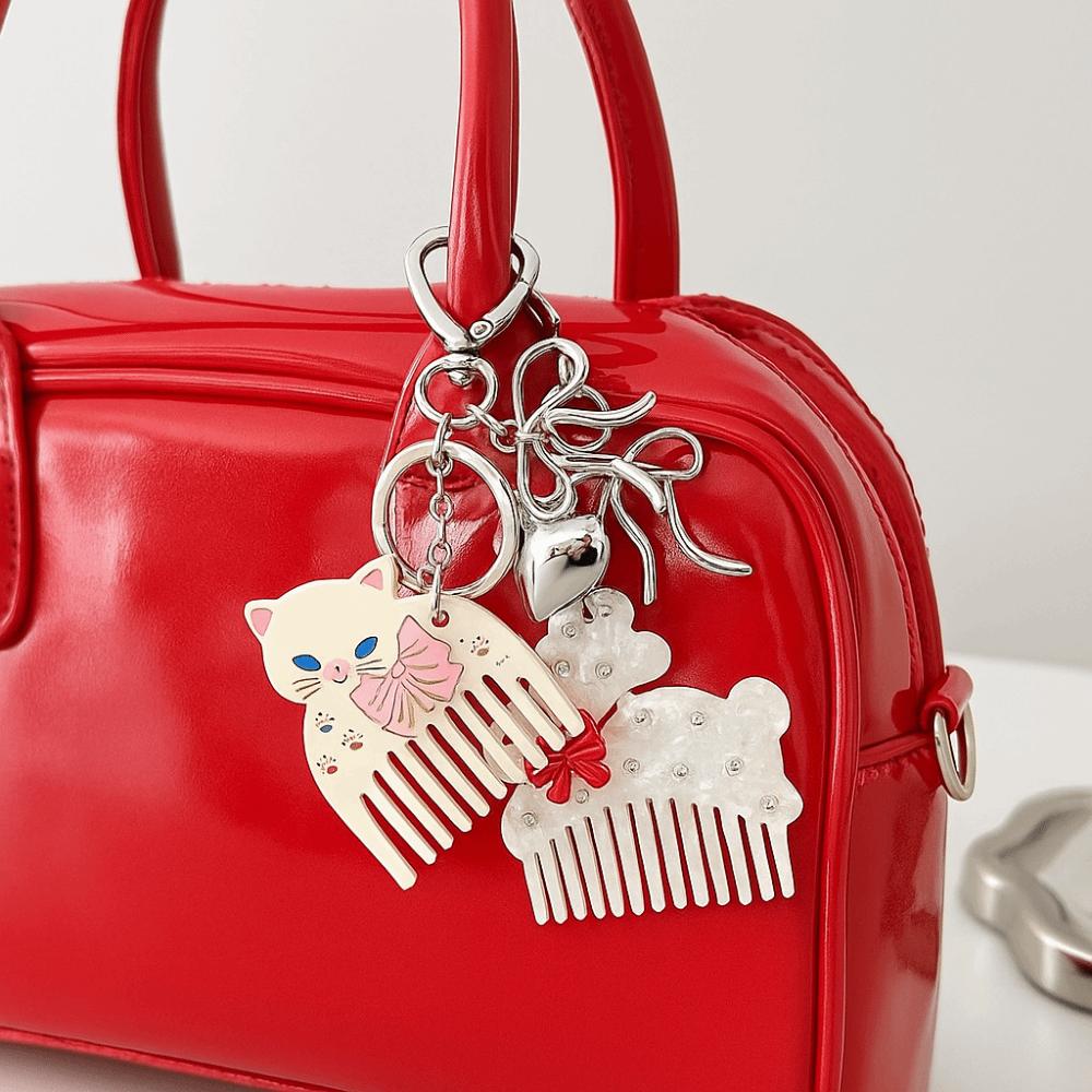 Cute Bow Cat Keychain Acetic Acid Animals Bag Pendant Creative Acetate Comb Pendant  Backpack Decor