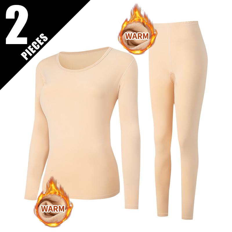 2-teiliges Herbst- und Winter-Damen-Set mit einfarbigem Rundhalsausschnitt, Thermo-Unterwäsche für Teenager, lässige und bequeme Nachtwäsche