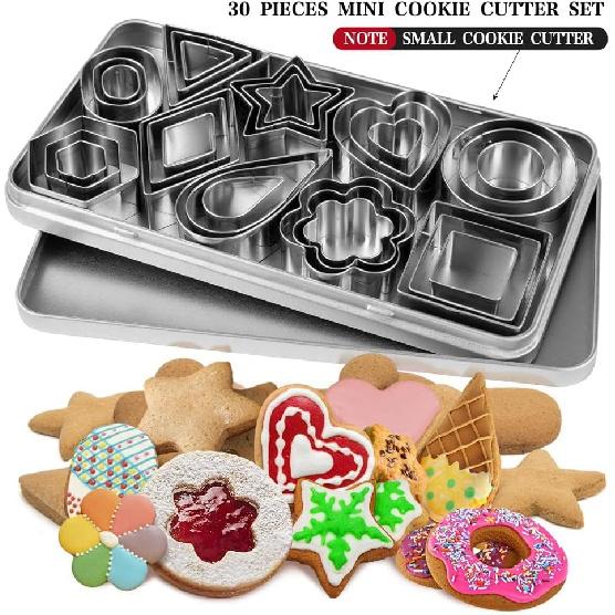 Mini Cookie Cutters Set with Box, QtoiKce 30Pcs Small Stainless Steel Flower Square Heart Round Star Triangle Oval Shapes Cookie Cutters, Mini