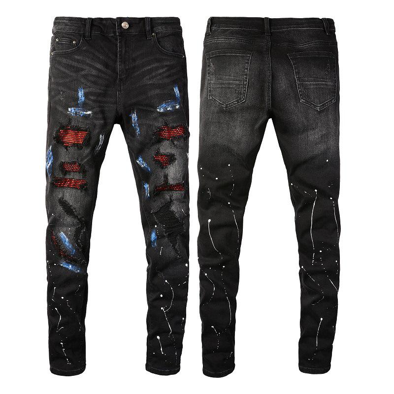 Men`s Ripped Patched Graffiti Slim Fit