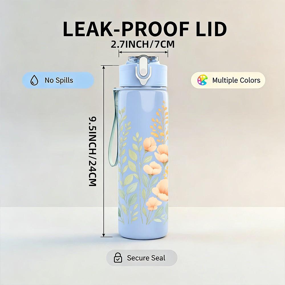 1PC Light Green Leaf Bouquet Art 750ml Color Plastic Sports Water Bottle Leakproof Flip Straw Lid Suitable for Sports Office Home Use