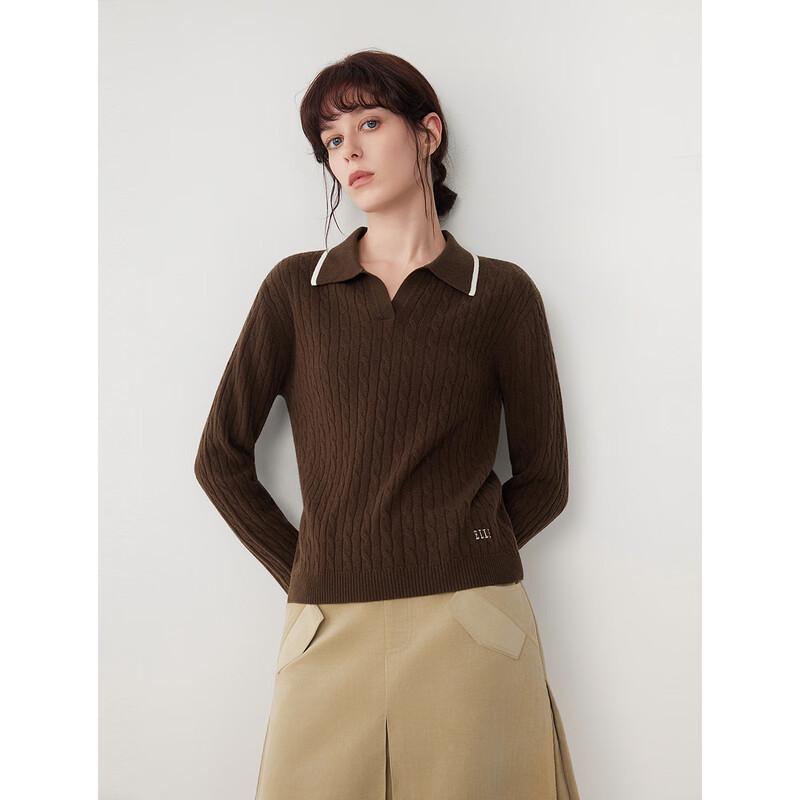 ELLE Women s 100% Sheep Wool Cable Knit Polo Sweater S
