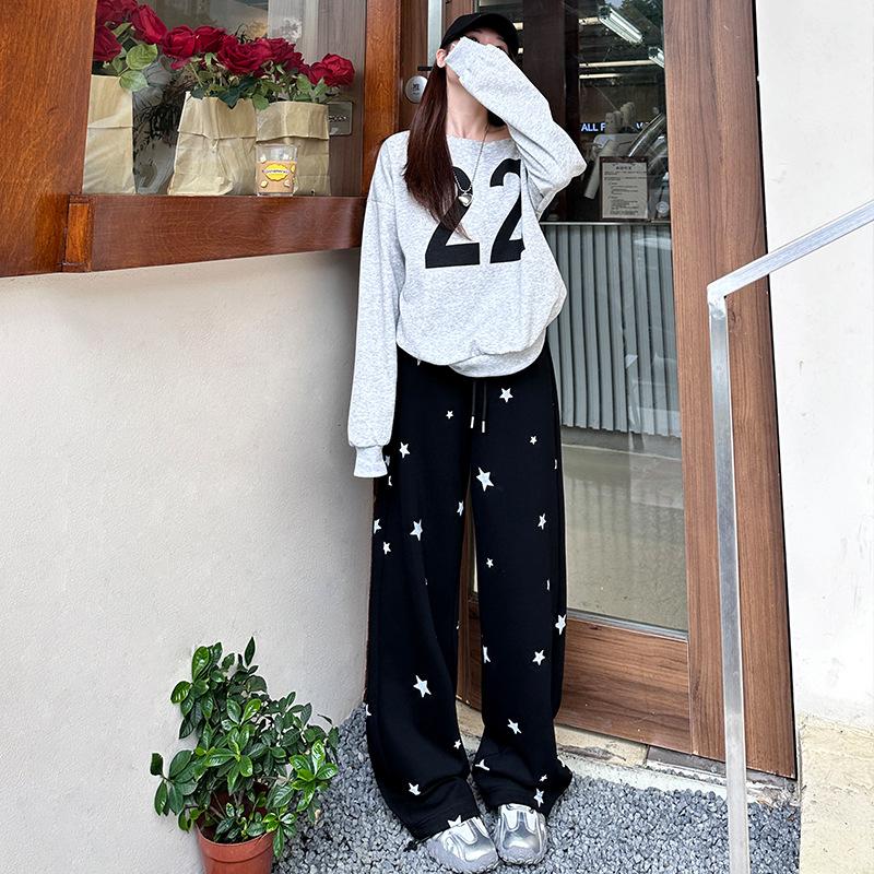 

Белые широкие брюки спортивные штаны осень и зима новые брюки со звездой с принтом высокая посадка свободные для ходьбы повседневные прямые брюки S