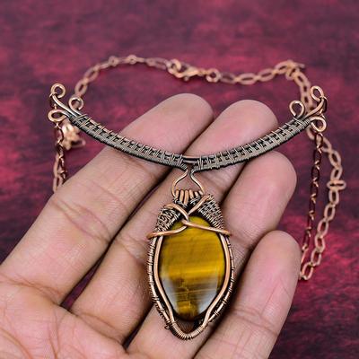 Tiger's Eye Gemstone Necklace Copper Wire Wrapped Adjustable Chain Necklace