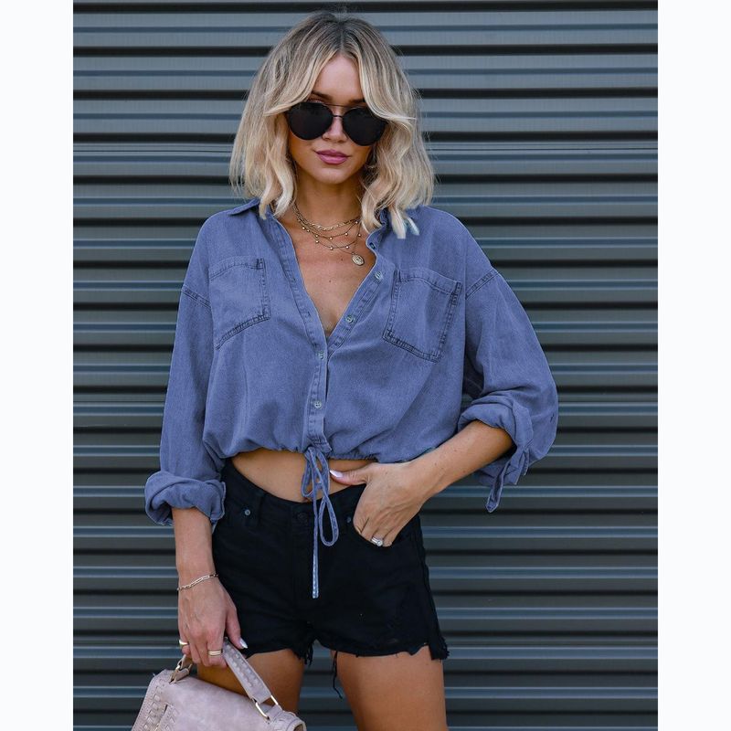 

Denim Shirt Women European and American Fashion Casual All-matching Double Pocket Loose Shirt Shirt Shirt Women Dark Blue M