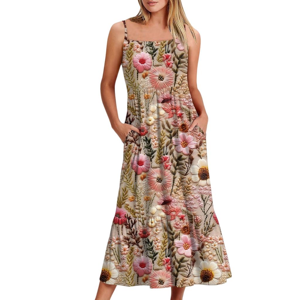 Women's Long Beach Casual Elegant Spaghetti Strap Maxi Dress Floral Low-key Flowing Bohemian Dress