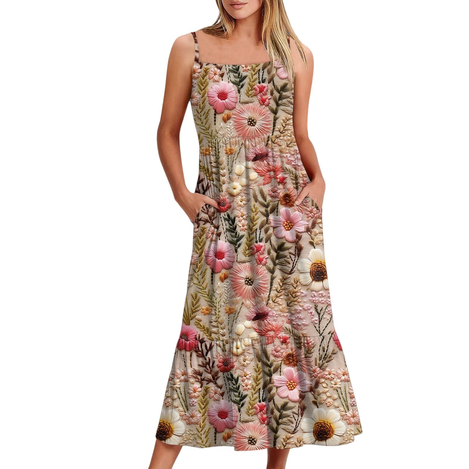 

Women s Long Beach Casual Elegant Spaghetti Strap Maxi Dress Floral Low-key Flowing Bohemian Dress S