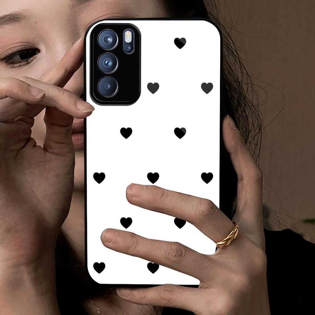 Black Heart Pattern Phone Case for OPPO Reno6 5G Acrylic Back TPU Bumper Shockproof Protective Cover, Minimalist Korean Style