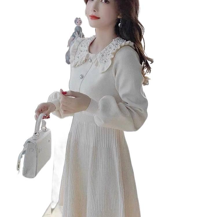 Beaded Petite Wool Knit Dress with Doll Collar for Women - Slimming, Age-Reducing Autumn Winter Layer