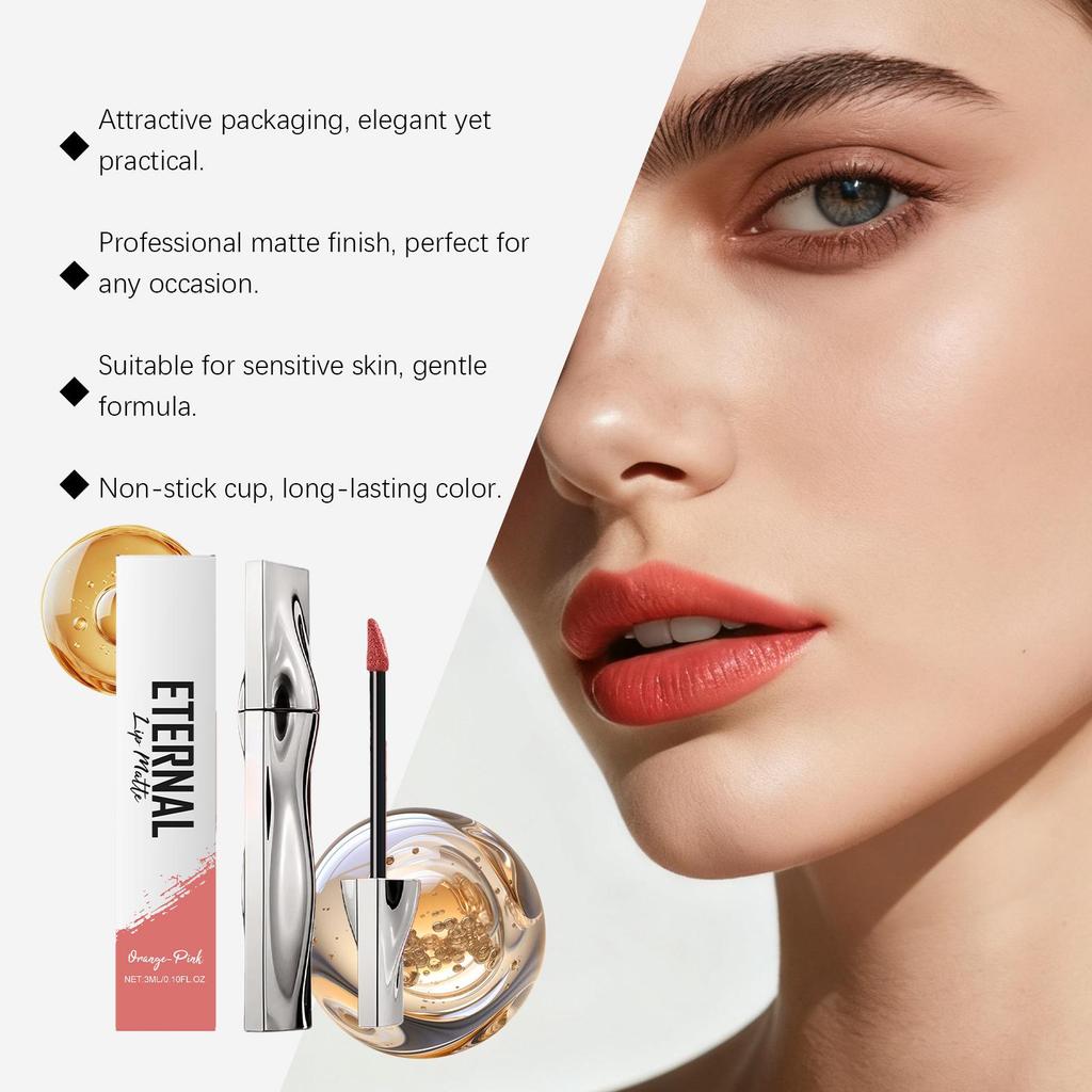 Long-lasting Matte Lip Gloss, Orange-Pink: Easy Application, Smooth Shine, Non-transfer, Non-greasy, Perfect for Daily Makeup.