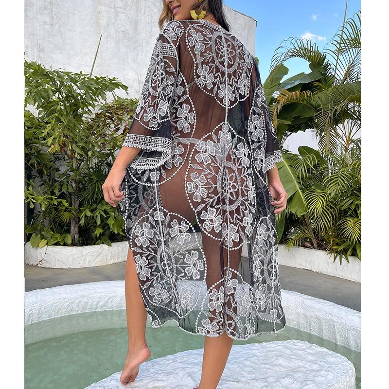 Women's Summer Lace Embroidery Long Cardigan See Through Bikini Outer Beach Cover-ups