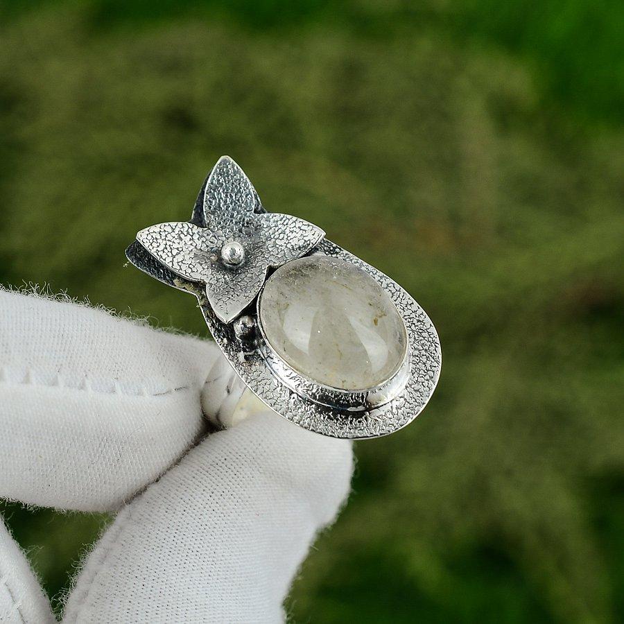 Natural Crystal Quartz Gemstone Stackable White Adjustable Ring 925 Silver Adjustable