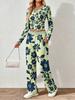 Spring and Autumn digital print women's V-neck long sleeve pants set, comfortable, casual, versatile, slim fit two-piece set