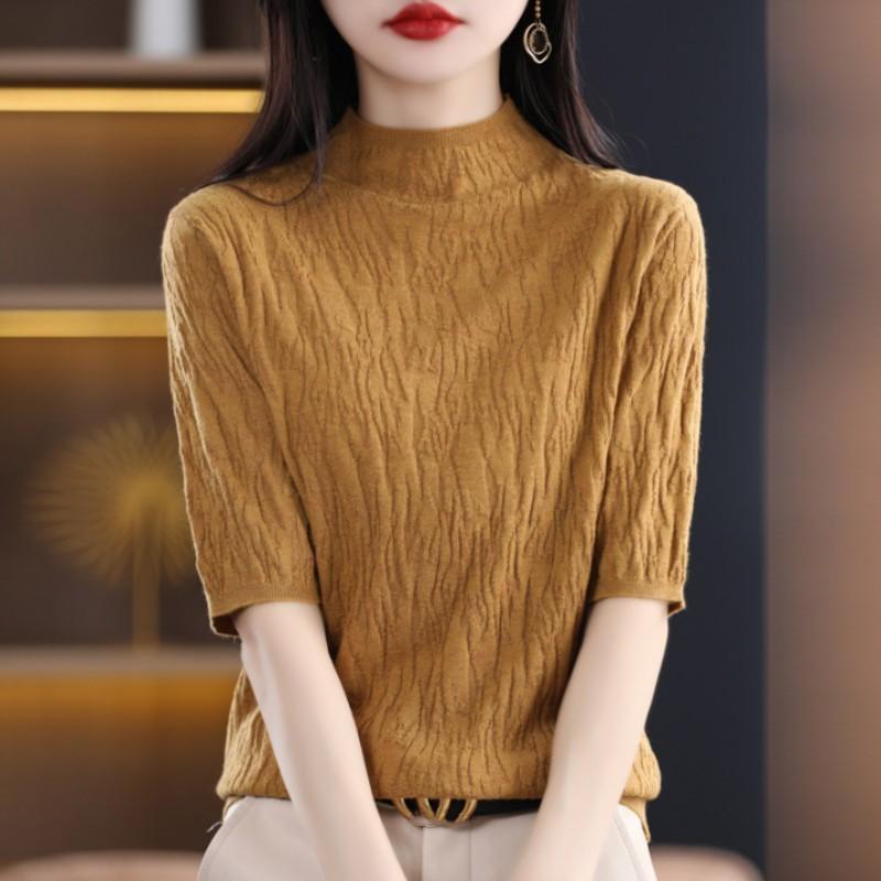 Women's Summer Half-High Neck Knit Top Solid Color Slim-Fit Elegant Blouse