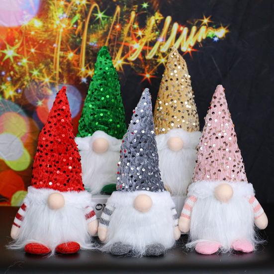 Light-Up Christmas Gnome Decoration Handmade Sequin Hat Faceless Dwarf Doll with Light Glowing Plush Elf Ornament Holiday Party Gift
