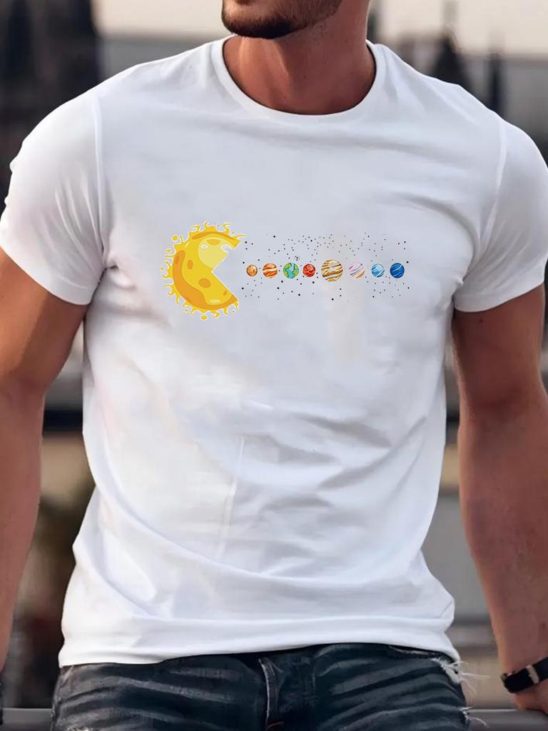 Unisexs Summer 100 Cotton Casual Fashion Funny Planet Print Loose Sports Tshirt Street Versatile Top