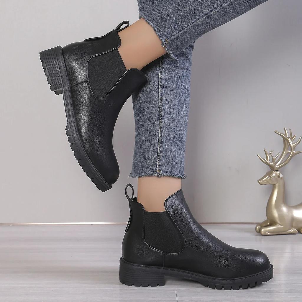 Fashion Women's Casual Chelsea Ankle Boots Round Toe Black PU Leather Short Boots Woman Comfort Low Heels Slip On Botas De Mujer 2024