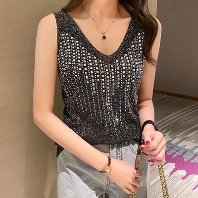 Summer Rhinestone Ice Silk Vest - Women's Casual Mid-Length Camisole Top
