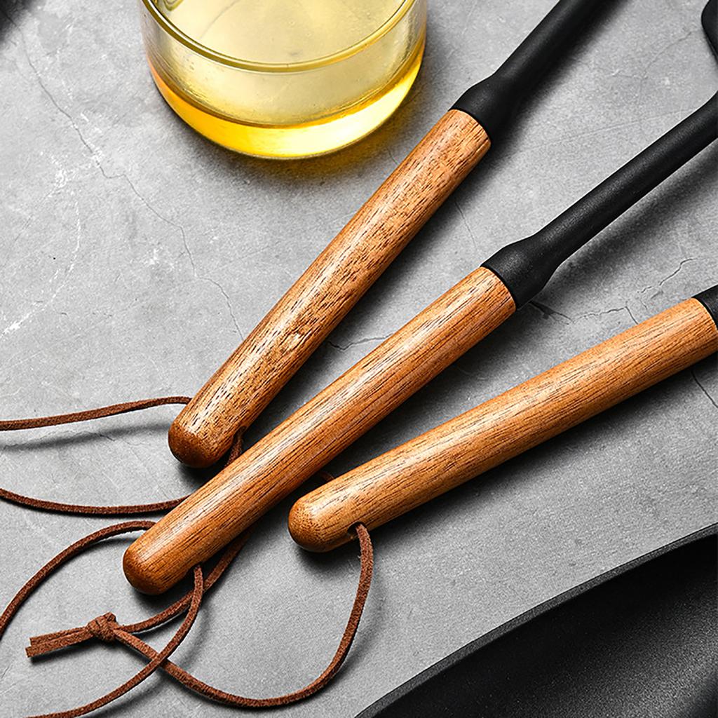 3/7pcs Black Silicone Kitchenware Set Non-Stick Cookware Kitchen Utensils Set Wooden Handle Spatula Shovel Ladle Cooking Tools