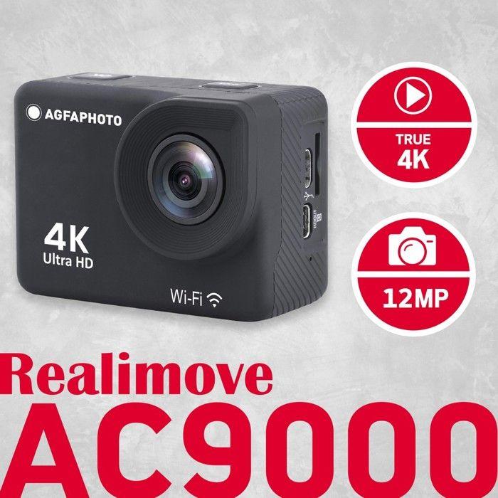 AGFA PHOTO Realimove AC9000 – Caméra d'Action Numérique étanche 30m (True 4K, EIS Anti-Shake, Angle 170°, Ecran 2 pouces, Wifi) Noir