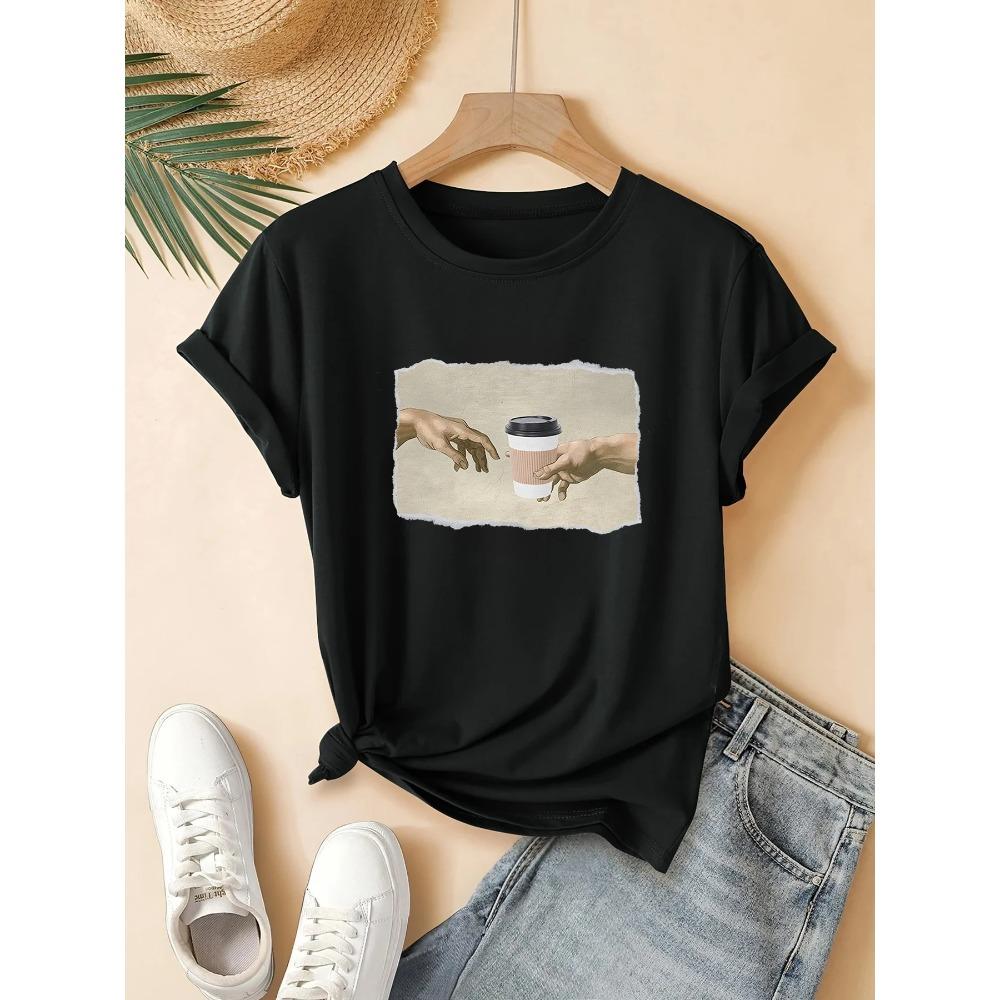 Womens Casual Graphic TShirt Short Sleeve Round Neck Summer with Coffee Cup and Hand Design Printed Casual Women Clothing
