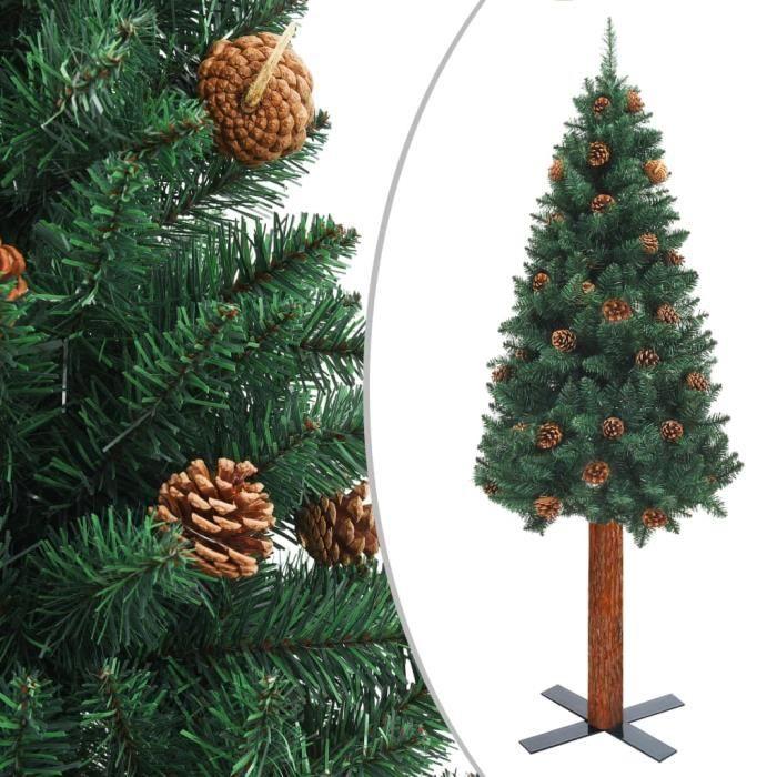 VidaXL Sapin de Noël mince avec bois véritable et cônes Vert 180cm PVC
