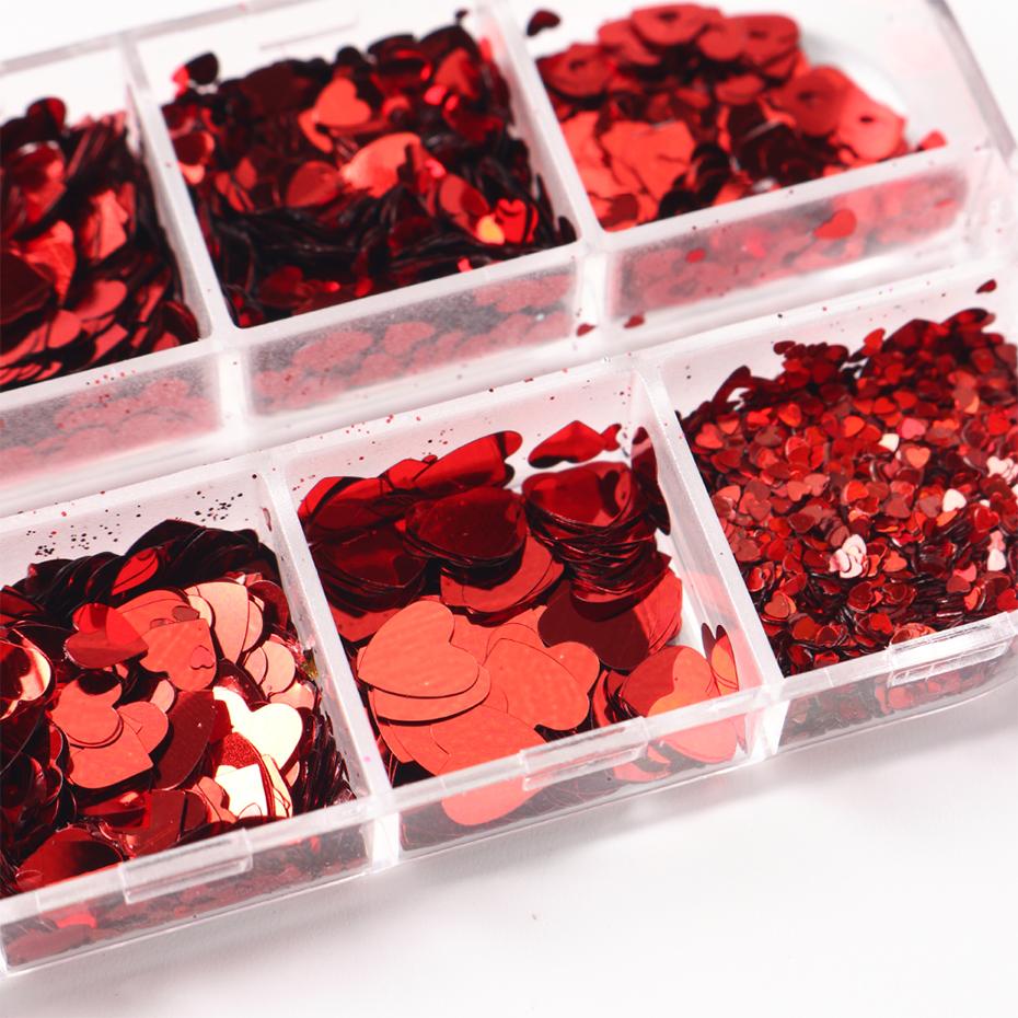 Xiaomi 12 Grids Red Reflective Nail Glitter Sequins Sugar Nail Powder Mixed Heart-shaped Sequins Design for Valentine's Day Nail Decor