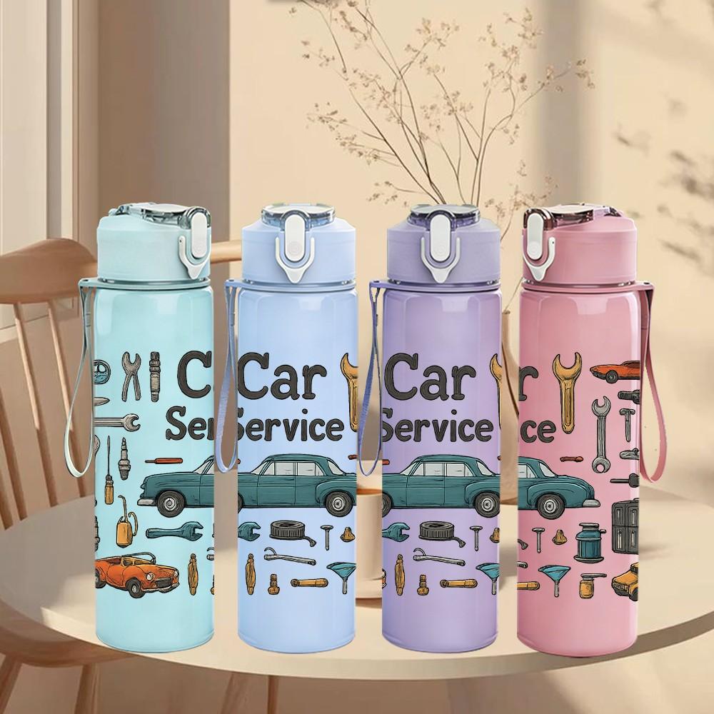 1PC Car Service Mechanic Tool Print 750ml Color Plastic Sports Water Bottle Leakproof Flip Straw Lid Suitable for Sports Office Home Use