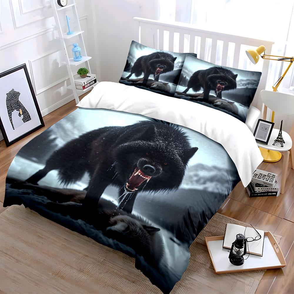 Black Wolf Roaring In Snowy Wilderness Duvet Cover Set With 3D Printing Design Soft Polyester Bedding Set All-Season Comfort