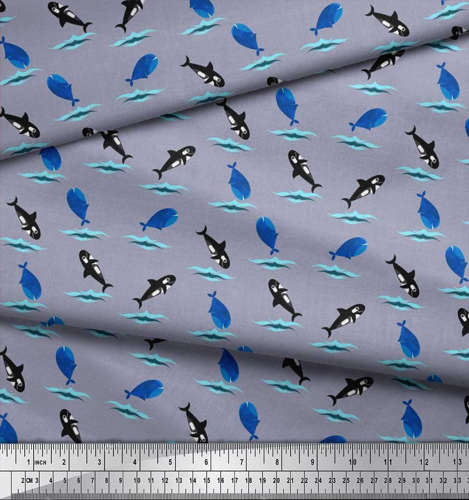 Soimoi Japan Crepe Satin Fabric Waves,Whale & Dolphin Ocean Decor Fabric Printed metre 42 Inch