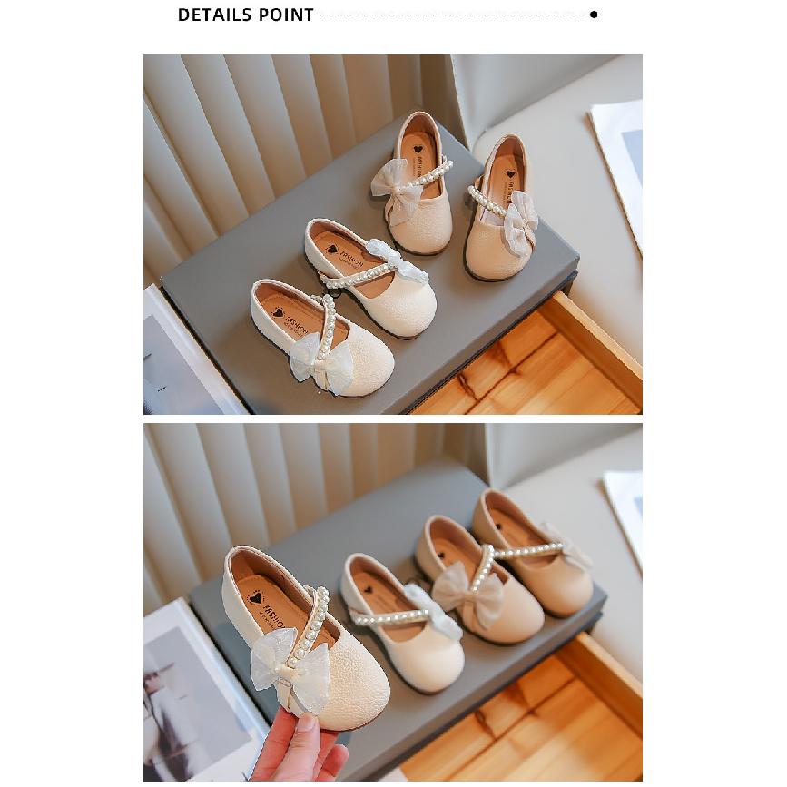 Girls' Leather Shoes Spring and Autumn New White Pearl Little Girls Baby Soft Sole Fashionable Children's Beanie Princess Shoes