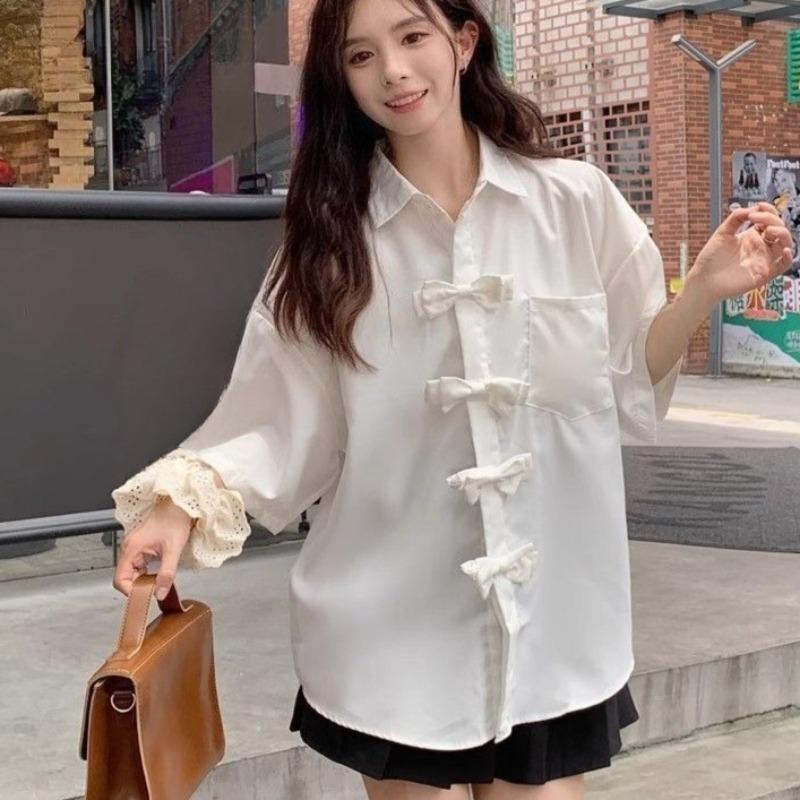 Women's Solid Color Shirt Female Three-dimensional Bow Design Short Sleeve Blouse Summer New Korean Loose Versatile Lady Top