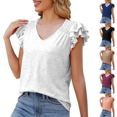 Beliebtes Damen-Sommeroberteil, einfarbig, V-Ausschnitt, plissiert, kurzärmelig, lässig, locker