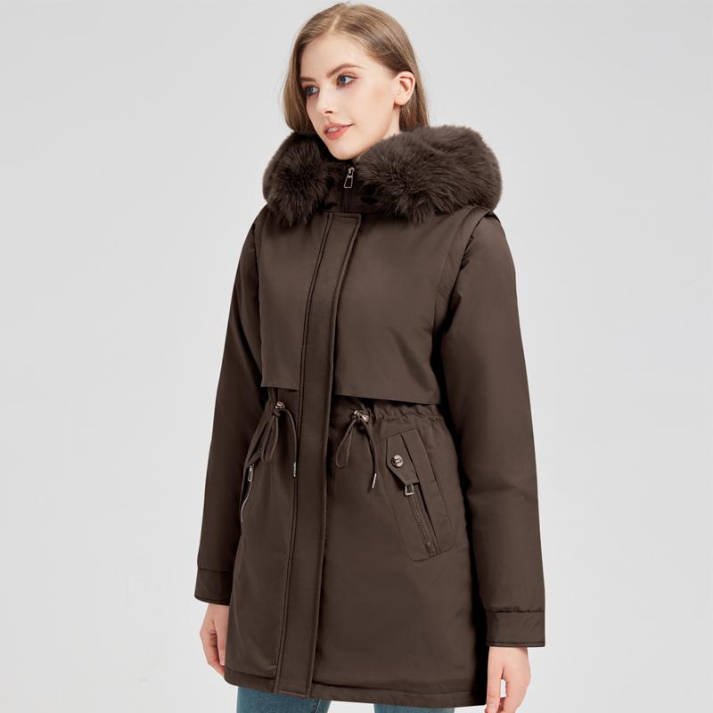 Fashion Winter Coat Female Long Parkas Hooded Faux Fur Collar Detachable Sleeves Loose Thick Warm Women's Jackets