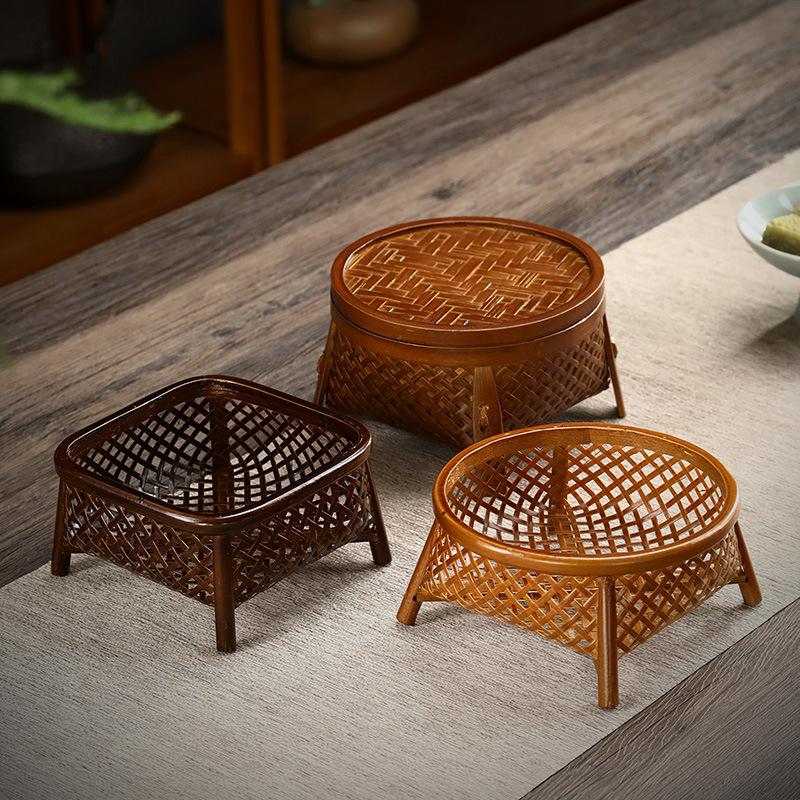 Handwoven Bamboo Fruit Basket with Lacquer Rim, Vintage Snack Box for Tea Parties, Round Storage Holder for Nuts