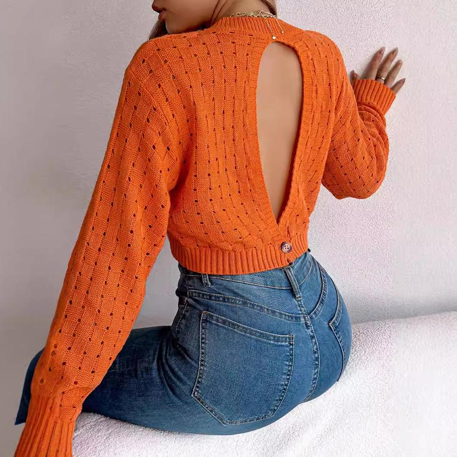 Autumn Winter Sexy Low Back Button Hollow Long Sleeve Turtleneck Sweater Women's Clothing