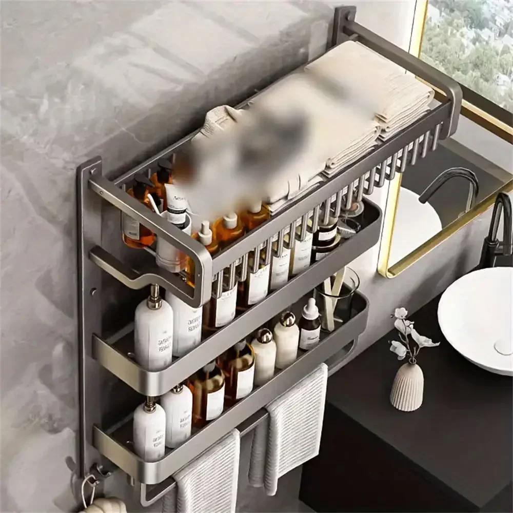 Bathroom Space Storage Towel Items Storage Rack Shampoo Bottle Mouthwash Cup Triple Shelf Wall Hooks Bathroom Accessories