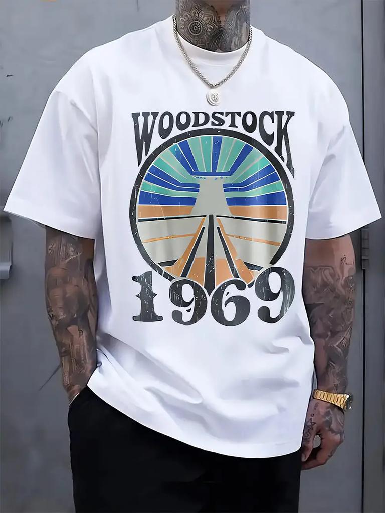 Black Woodstock 1969 Graphic T-shirt - Casual Crew Neck